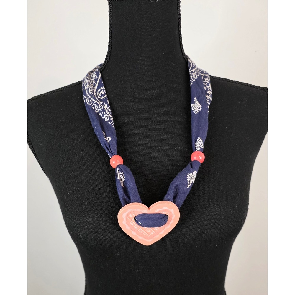 Handmade Navy Paisley Bandana Necklace Peach Wood Heart Pendant Coral Beads Boho